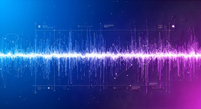 Abstract sound wave visualization with data points and futuristic interface elements