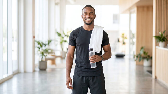 Man stands in a bright modern hallway. He wears a black t-shirt and black shorts. He holds a water bottle and a white towel. Large windows and potted plants fill the background