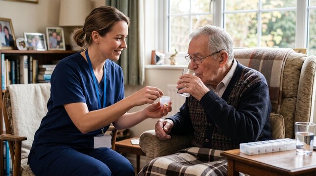Caring nurse gives medication to elderly man in armchair at home