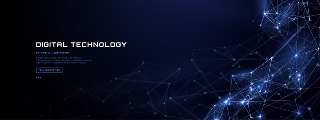 Network Background With Digital Data Flow, Abstract Polygon Wave, Glowing Connection Lines and Bright Nodes. Technology Banner for AI, Cloud Computing, Analytics and Communication. © AntonKhrupinArt