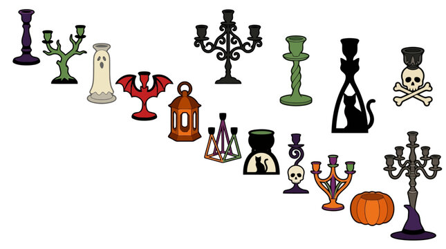 Hand drawn halloween candle holders and lanterns arranged in a diagonal composition on white background.