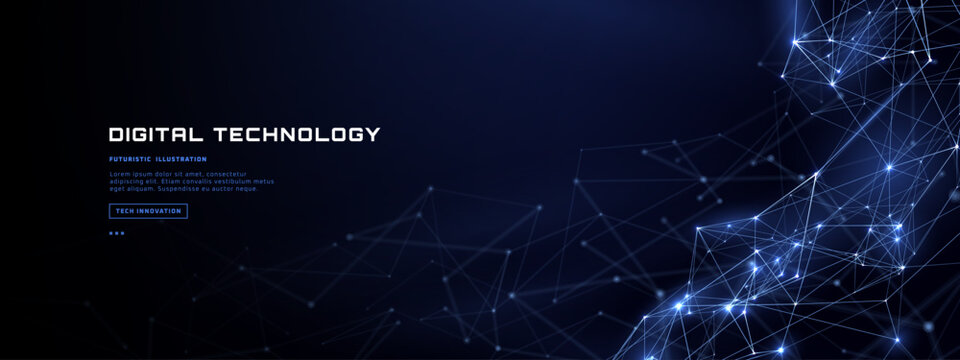 Network Background With Digital Data Flow, Abstract Polygon Wave, Glowing Connection Lines and Bright Nodes. Technology Banner for AI, Cloud Computing, Analytics and Communication.