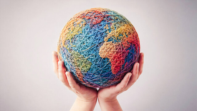 Two hands hold a yarn globe. Vibrant colors show Earth's continents. Light background highlights the globe. No animals or plants present. Focus on global unity via yarn. Clean composition for stock