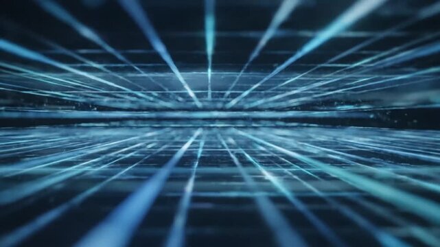 Futuristic blue glowing grid lines and abstract layers on dark background