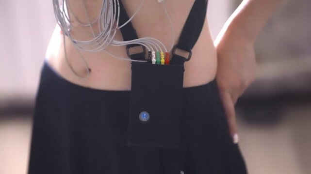 Running Medical Diagnostic Check With ECG Electrodes On Body. Athlete Testing Heart Rate Holter Monitor. Clinical Physiology Research Activity