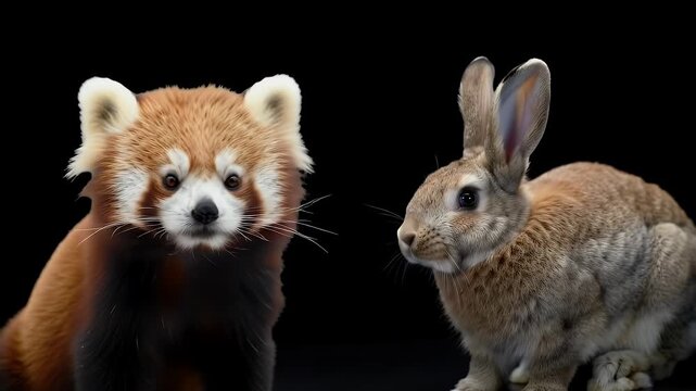 A red panda and a rabbit pose against a black background.