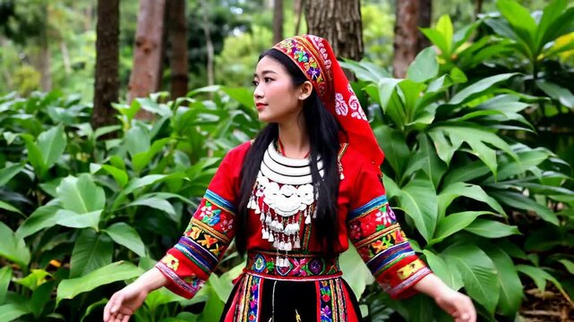 Close-up of a woman in ethnic costume in Linzhong, a girl from an ethnic minority