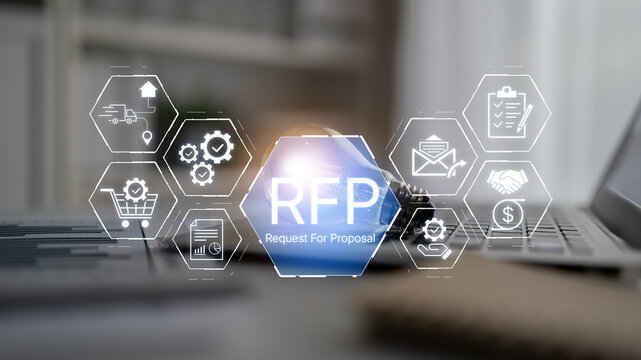 Modern Business Concept: RFP Request for Proposal with Digital Icons Representing Project Management, Communication, and Procurement Processes. Bitwise.