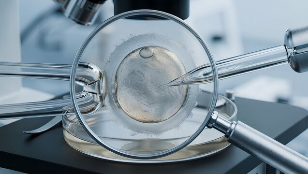Microscopic view of intracytoplasmic sperm injection (icsi) procedure showing a single sperm cell fertilizing an egg cell, high-quality medical imagery for ivf laboratory and fertility research