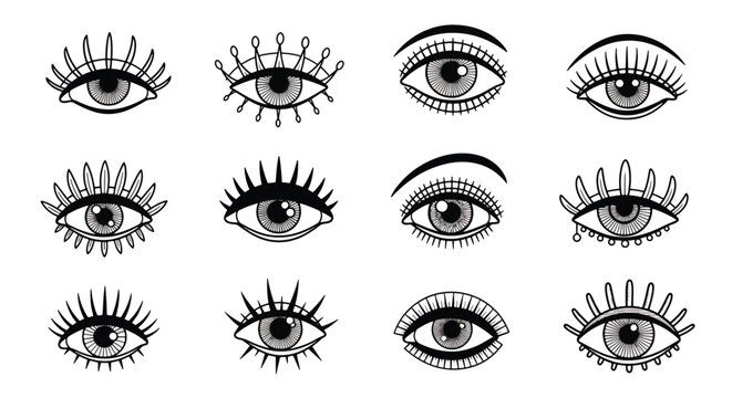 Close-up illustrations of various eye designs with lashes.