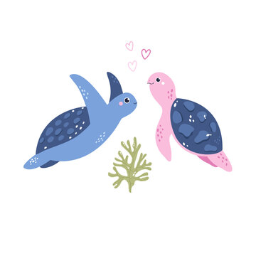 Cute blue and pink sea turtles with hearts, minimalist flat design illustration.