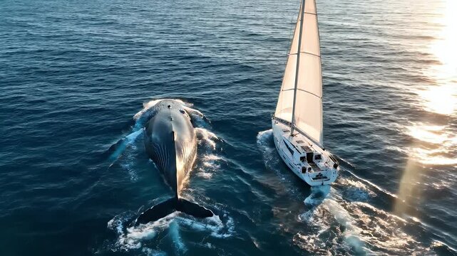 A majestic whale swims alongside a sailboat on the ocean.