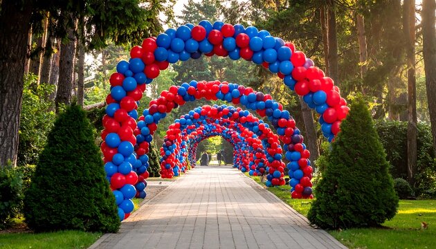 A serene walkway lined with vibrant red and blue balloons arches through a well-manicured garden with tall trees on either side