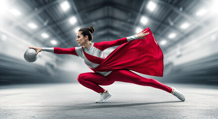 Action-packed shot of athlete throwing ball in dynamic sports arena setting with motion blur