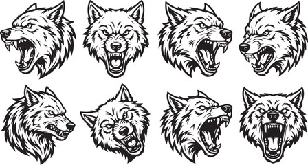 Set of aggressive wolf head illustrations in black and white sketch style for sport team logos © Farajul
