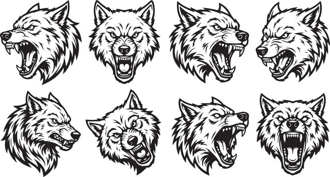 Set of aggressive wolf head illustrations in black and white sketch style for sport team logos