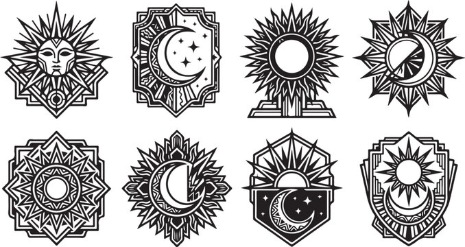 Set of eight celestial sun and moon icons with geometric patterns in black and white style