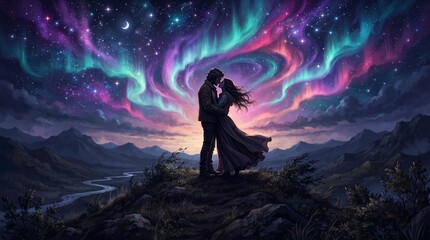 Fototapeta premium Couple Silhouette Embracing on Hilltop Under Swirling Aurora Sky, Purple Teal Pink Fantasy Romantic Illustration