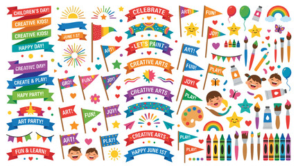 Fototapeta premium Collection of colorful birthday celebration decorations and party supplies for festive events