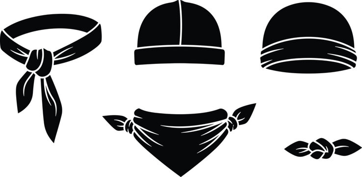 Bandana and durag headwear silhouettes set with neck scarf and biker wraps, urban streetwear apparel icons for fashion design, vector illustration