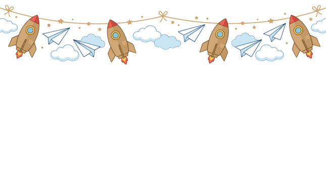 Cute rocket and cloud garland decoration with stars for kids room or birthday party