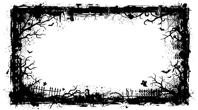 Decorative black and white spooky halloween border frame with twisted branches and eerie design