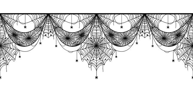 Decorative black lace spiderwebs with intricate patterns hanging from the top edge