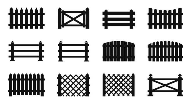 Set of various fence and gate silhouettes collection picket fences rail fences garden barriers in black icons on white background with design element