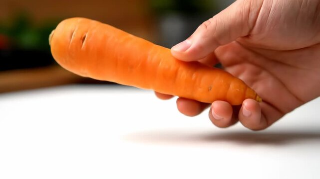 Close-up of a carrot with your hand touching it, close-up of a fresh carrot with your hand holding it
