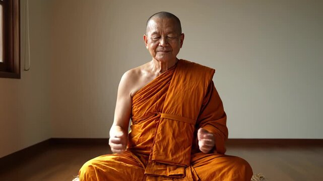 Cross-legged meditation scene in a monk's room, a monk meditating