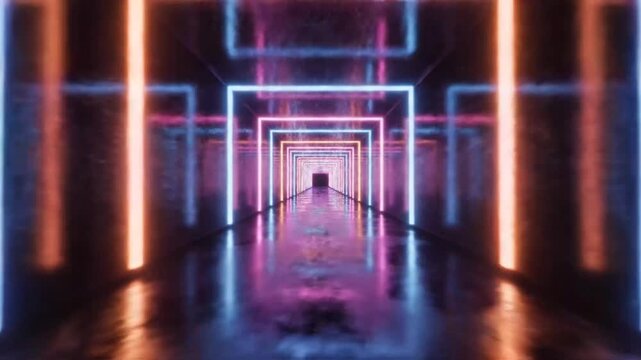 Glowing neon square frames create futuristic tunnel in dark space