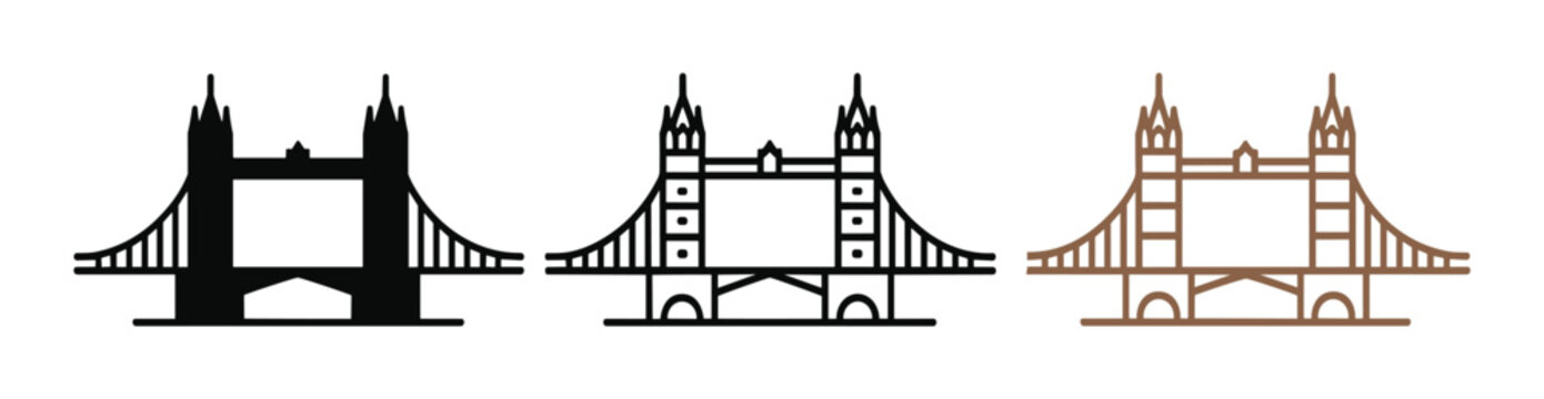 Tower bridge london icons set famous landmark outline illustration of historic english bridge architecture in black and brown landmark historic