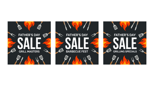 Fathers day sale banner with flames and text promoting grill masters and barbecue fest discounts