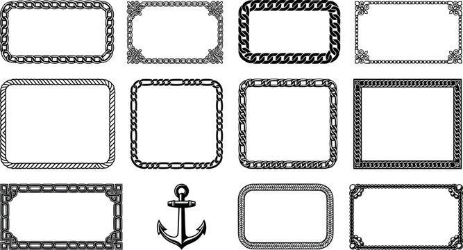 Set of decorative rectangular frames with nautical rope and chain patterns and a ship anchor isolated on white background transparent background