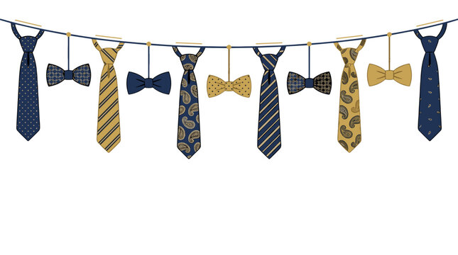Collection of mens neckties hanging on string with clothespins in various patterns and colors