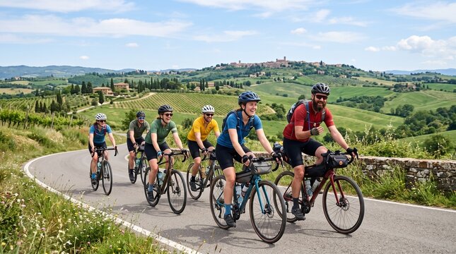 Group of cyclists enjoying a scenic ride through the rolling hills of Tuscany with a medieval town in the background