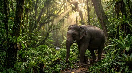 Obraz premium Asian elephant walking in lush rainforest majestic wildlife in tropical jungle with sun rays