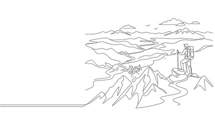 Obraz premium Single continuous line drawing of a hiker standing on a mountain peak.