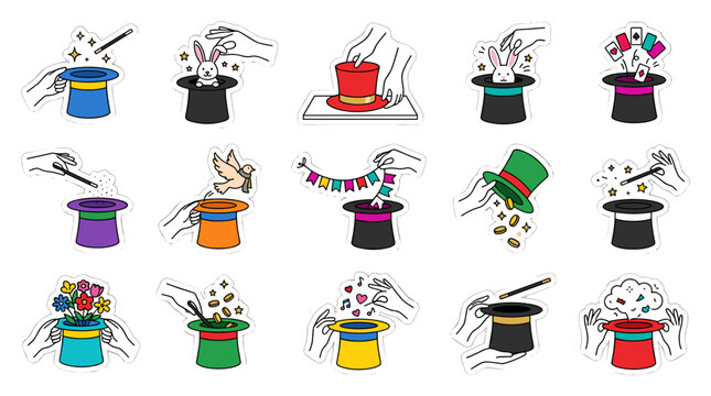 Collection of colorful cartoon rabbits wearing various hats and accessories