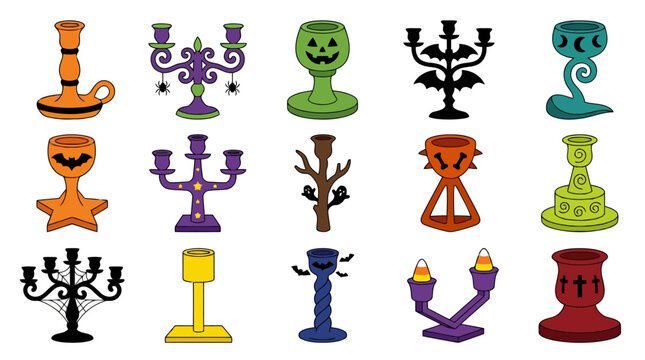 Set of decorative halloween candlesticks and spooky candle holders.