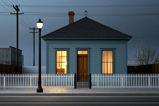 A blue house stands with its lights on during dusk