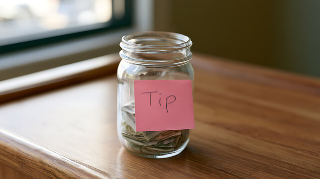 Glass Jar with Handwritten "Tip" Sign, Filled with Various Banknotes, Placed on a Wooden Surface in Natural Light Setting by a Window