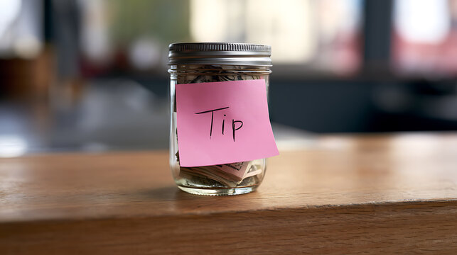 Clear Glass Jar with a Pink Sticky Note Labeled 'Tip' on a Wooden Counter, Filled with Currency in a Blurry Background
