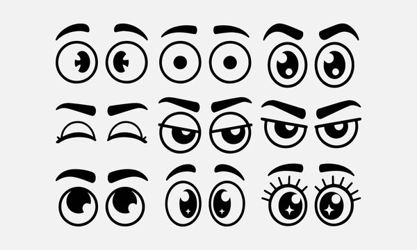 Eyes icons set, look or glance sign collection, comic cartoon eye expression isolated, cute eye in different emotions line art 