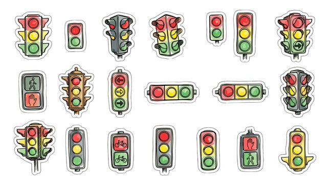Collection of colorful traffic lights with various signals and indications for road safety