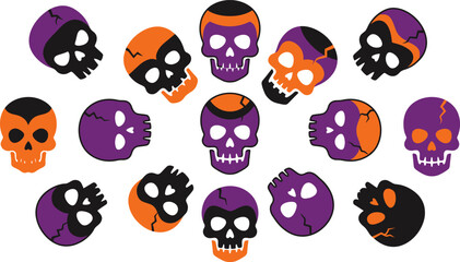 Naklejka premium Colorful, Halloween, skulls, set, featuring, flat, design, skeleton, heads, in, purple, orange, and, black, colors, isolated, on, white, background, perfect, for, spooky, festive, decorations.