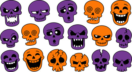 Fototapeta premium Halloween, cartoon, skulls, vector, illustration, set, cute, spooky, expressions, faces, orange, purple, black, holiday, design, elements, funny, scary, character, icons, graphic, clip, art