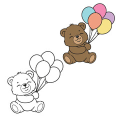 Cute vector cartoon illustration of a happy dreaming teddy bear flying with a bunch of colorful balloons. Features a sweet brown bear cub with closed eyes in both a colorful version and a black and wh © Yuliia
