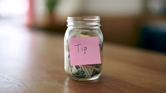 Glass Jar with Handwritten "Tip" Note on a Wooden Table Filled with Banknotes, Symbolizing Gratitude and Service Appreciation