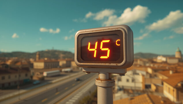 A street thermometer in an empty city, abnormal heat